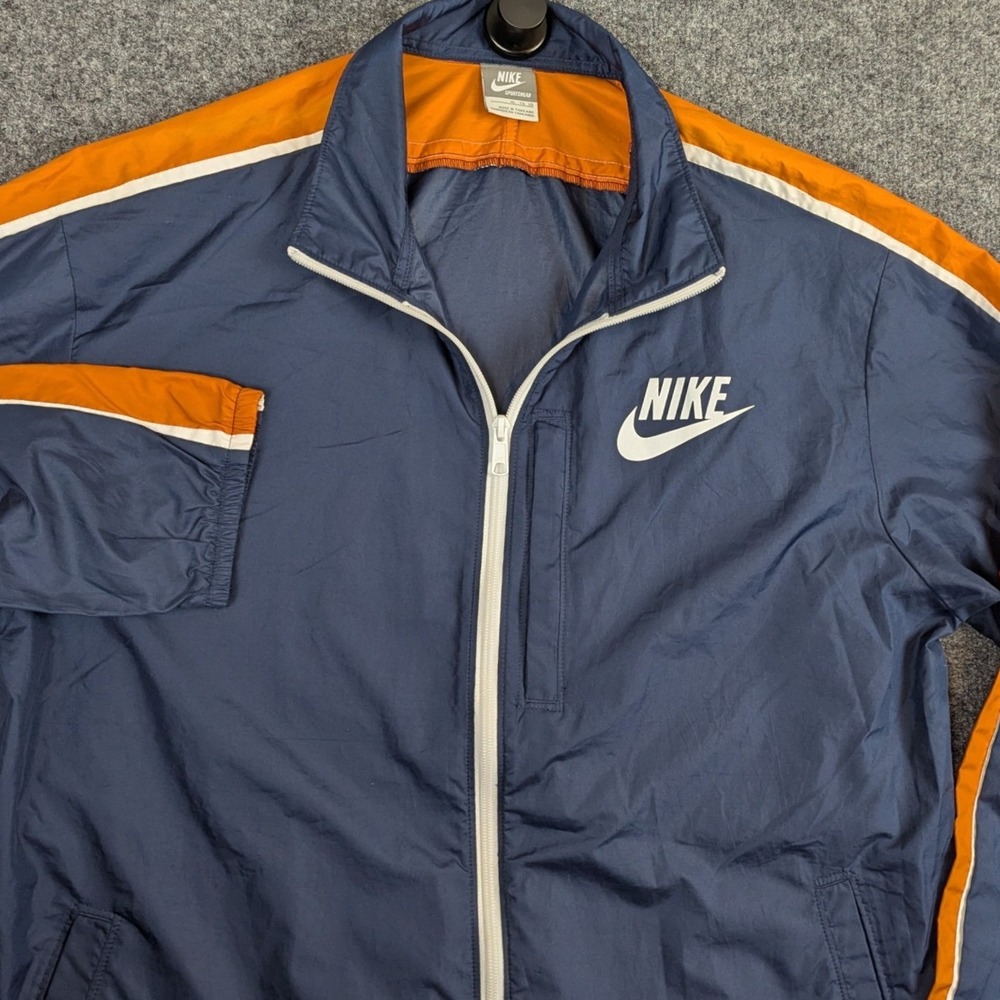 Y2K Nike Sportswear Windbreaker Jacket Mens XL Navy Blue Orange Stripe Full Zip